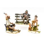 Three Italian figures, one Capodimonte, hunter, tramp on a seat,