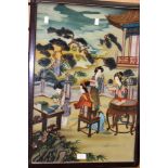 A circa 1920s reverse painting on glass with lacquer frame and brass clasp,