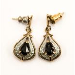 A pair of sapphire and diamond accent 9ct yellow and white gold drop earrings,