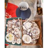 Two boxes of Masons Mandalay pattern ceramics to include large lamp, clock, teapot, etc,