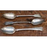 A George III silver Queen's pattern gravy spoon, London 1811 and two other gravy spoons,
