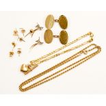 A pair of 9ct gold cufflinks, a twist link neck chain, chain bracelet, four pairs of 9ct earrings,