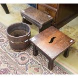 A George III oak joined footstool, a 19th century oak and brass bound wine cooler,