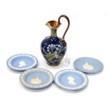 Doulton Lamberth ewer together with 4 wedgwood jasper wear pin dishes including beatrix Potter one