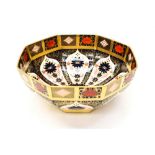 Boxed Royal Crown Derby, large octagonal bowl in Old Imari 1128 pattern,