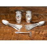 Pair of silver peppers, Birmingham 1917 together with 5 George VI silver teaspoons,