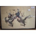 An interesting Chinese applique framed and glazed artwork, a Chinese dragon charmer, silver wire,