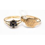 A 9ct gold sapphire cluster ring with a 9ct gold signet ring, weighing approx 1.