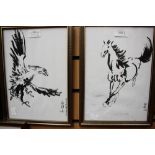 Three signed Chinese ink paintings, two of galloping horses and one eagle, circa 1998,