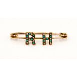 A turquoise and seed pearl yellow gold tie pin, initials RH, approx 2.