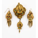 A Victorian pinchbeck brooch and pair of earrings set turquoise,