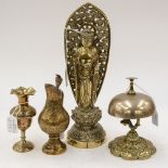 A Buddhist (possibly) deity rising from a lotus flower (brass) a brass hotel bell (Edwardian) and