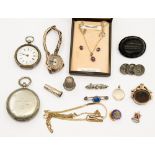 Lot of assorted items, pocket watch, compass, 1930s watch (af), amethyst necklace and earring suite,