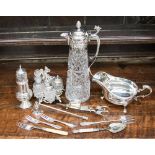 Atlantic crystal claret jug with silver plated top with vine decoration,