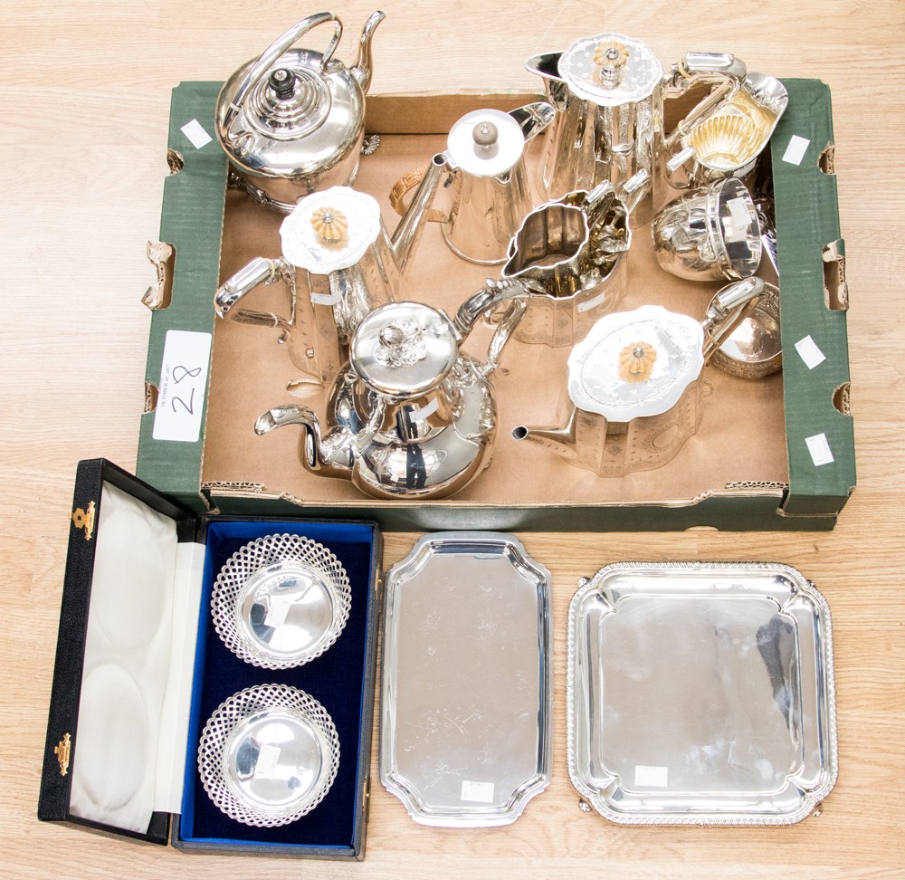 A collection of silver plate to include Elkington and Co five piece tea and coffee service,