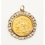 A full sovereign 1908 in 9ct gold pendant mount, gross weight approx 10.