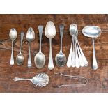 A collection of Old English Pattern silver flatware including a set of five egg spoons, London,