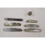 A collection of six penknives to include a silver bladed example (Sheffield) inscribed 'Peggy 1925'