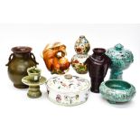 A collection of Chinese ceramics including famillie rose tureen, fung style horse,