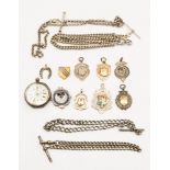 A parcel lot of silver Albert chains, medallions, silver gilt ladies pocket watch,