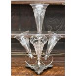 An Edwardian silver plate epergne, with four detachable cut-glass trumpet shaped vases,