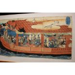 Three Japanese panels painted and signed of Geisha ladies aboard a sailing boat 1868-1912