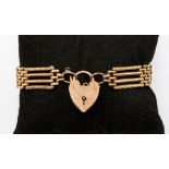 A 9ct gold, four link textured gate bracelet, with padlock,