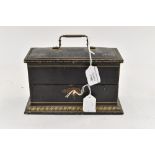 A travelling box containing three tincture bottles, the box having gilt decoration,