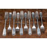 A matched set of ten 19th Century III fiddle pattern silver dessert forks,