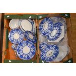 Two boxes of blue/blue/white Victorian dinner service comprising dinner plates, tea plates,