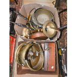 Brass coal buckets, jam pans, copper warming pan, etc.