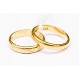 A 22ct gold plain wedding band 5.0 grams approx; together with an 18ct gold wedding band, 3.