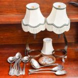 A pair of bronze candlesticks and assorted silver plated cutlery (q)