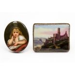 Two porcelain plaques silver mounted, one painted castle scene,