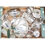 A box of silver plated items including a Sheffield three piece bachelors tea set,