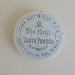 A Staffordshire Monochrome round pot lid, The Royal Tooth Powder John Whitfield F.C.
