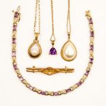 A 9ct gold and amethyst bracelet together with a yellow metal bar brooch a/f and a collection of