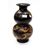 A Chinese double gourd vase with raised fish and underwater foliate pattern.