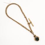 10ct gold watch chain with agate fob, gross weight approx 29.