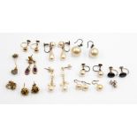 Five pairs of 9ct gold and gemset earrings together with seven pairs of gem/pearl set white metal