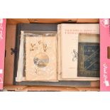 A box containing: two unbound volumes of 'The Furniture Designs of Thomas Sheraton', Arthur Hayden,