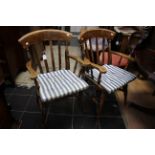A pair of Windsor style kitchen armchairs and a small oak coffin table (3)