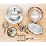 A box of assorted silver plate, including coffee pot, tureen, swing handle basket, dishes,