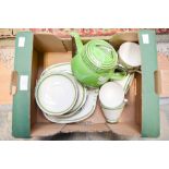 An Art Deco part teaset, including six small plates, five cups, six saucers, sugar bowl,