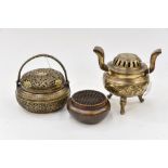 Three Chinese bronze vessels, including cast and pierced basket with cover,