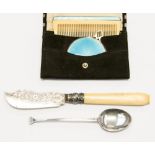 A cased enamelled and engine turned hand bag set (mirror and comb) set in white metal, stamped 925,