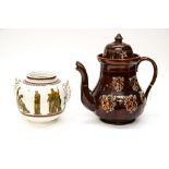 19th century Barge ware, two spouted teapot a/f, with applied decoration,