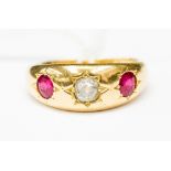 An old cut diamond, synthetic ruby and 18ct gold ring a/f,