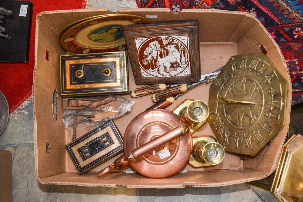 A box of metalware, etc to include copper kettle, brass sundial, brass candlesticks,