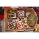 A box of metalware, etc to include copper kettle, brass sundial, brass candlesticks,
